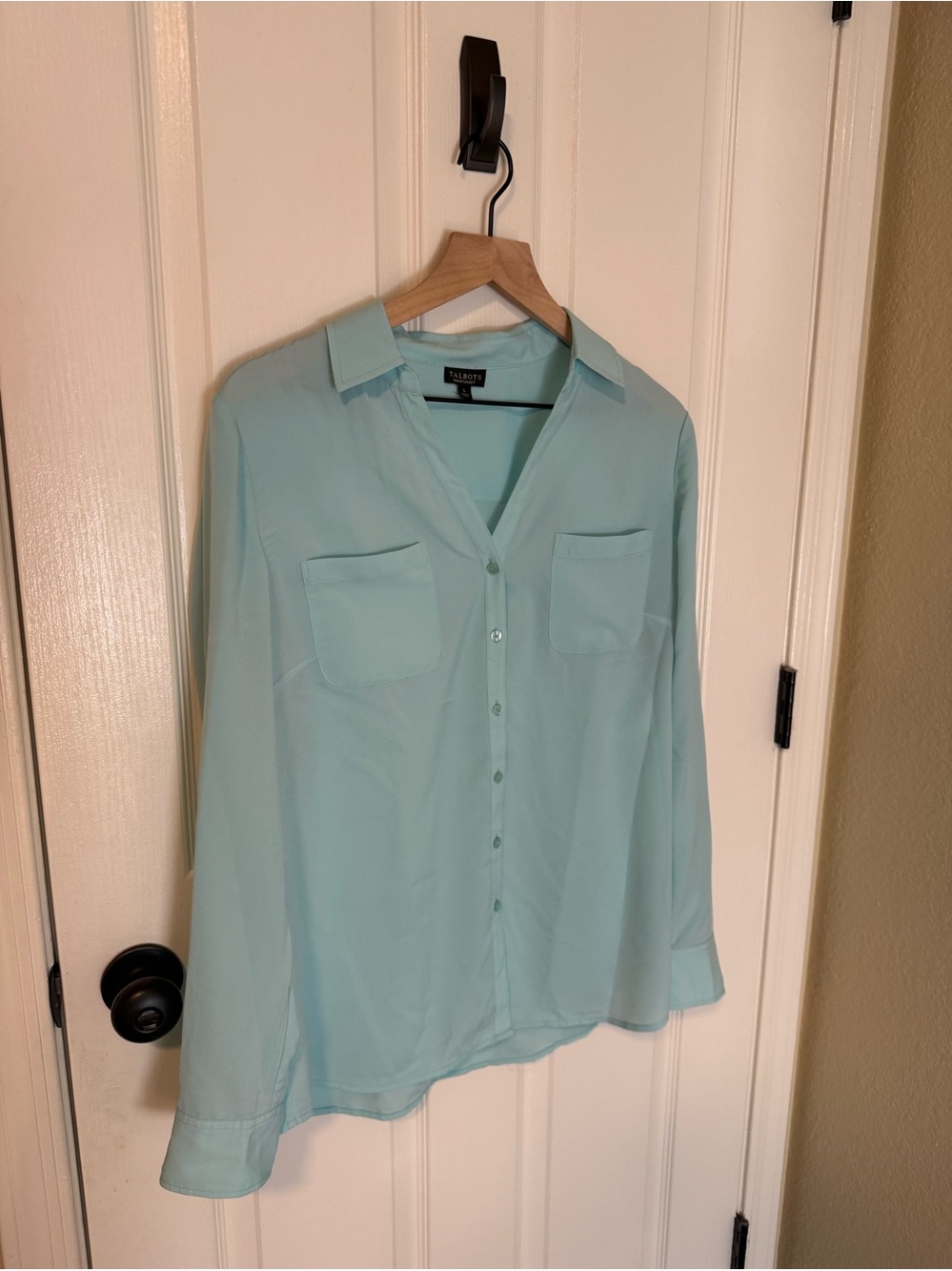 TALBOTS Light Aqua Button-Down Blouse, Size Large